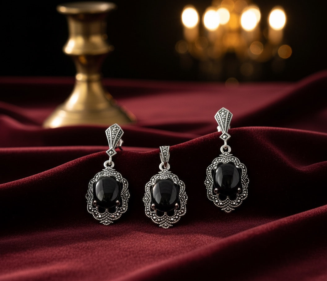 Onyx 925 Silver Marcasite 2 piece set