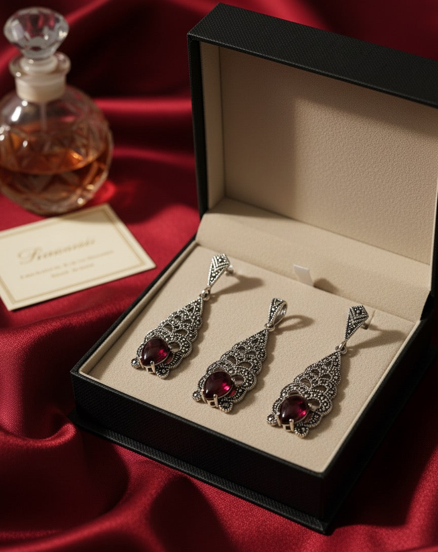 Ruby 925 Silver Marcasite set