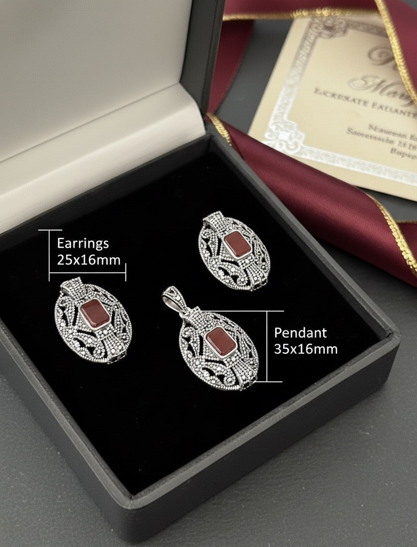 Crimson Elegance – Red Agate & Marcasite Set in 925 Silver