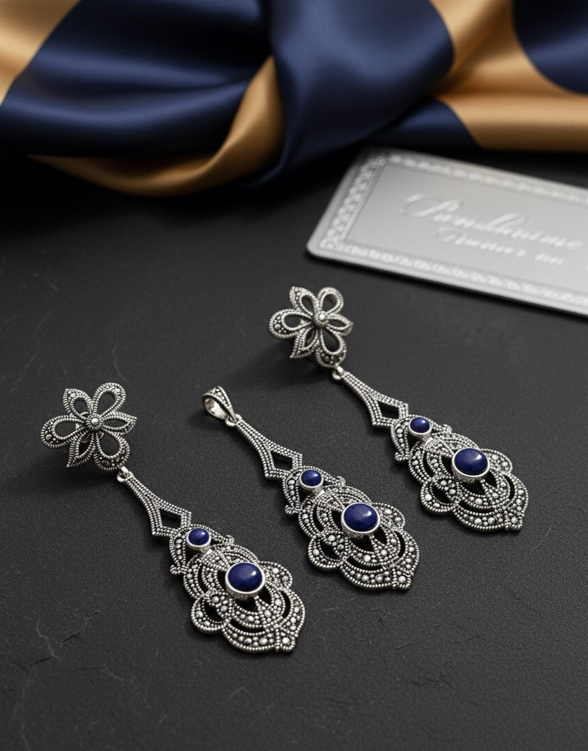 Majestic Lapis 925 Silver Marcasite set
