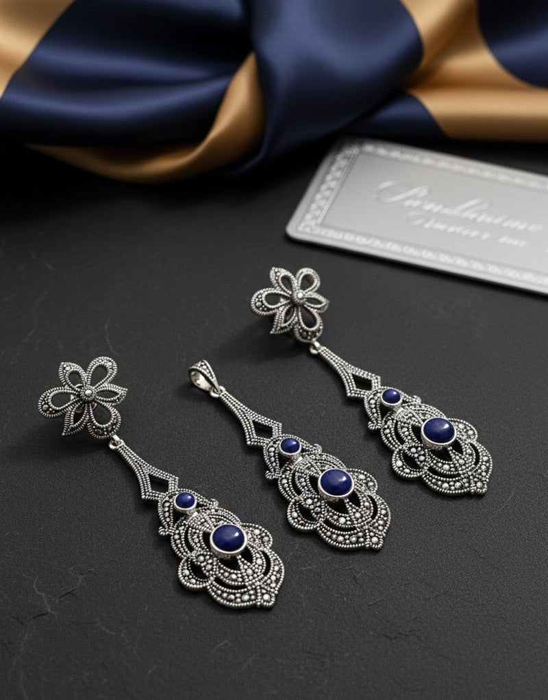 Majestic Lapis 925 Silver Marcasite set