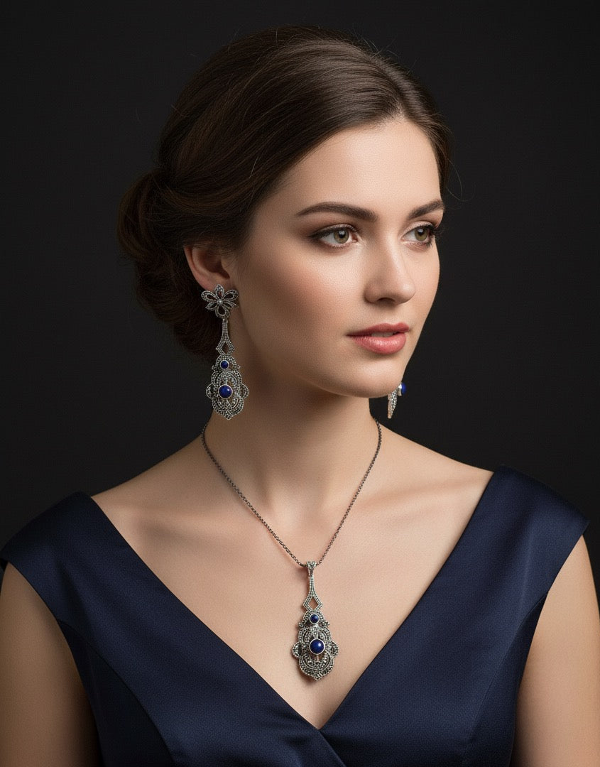 Majestic Lapis 925 Silver Marcasite set