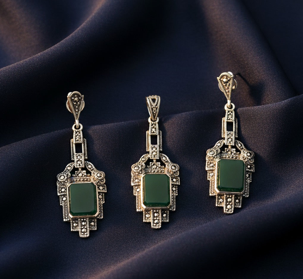 Emerald Deco – Green Agate & Marcasite Set in 925 Silver
