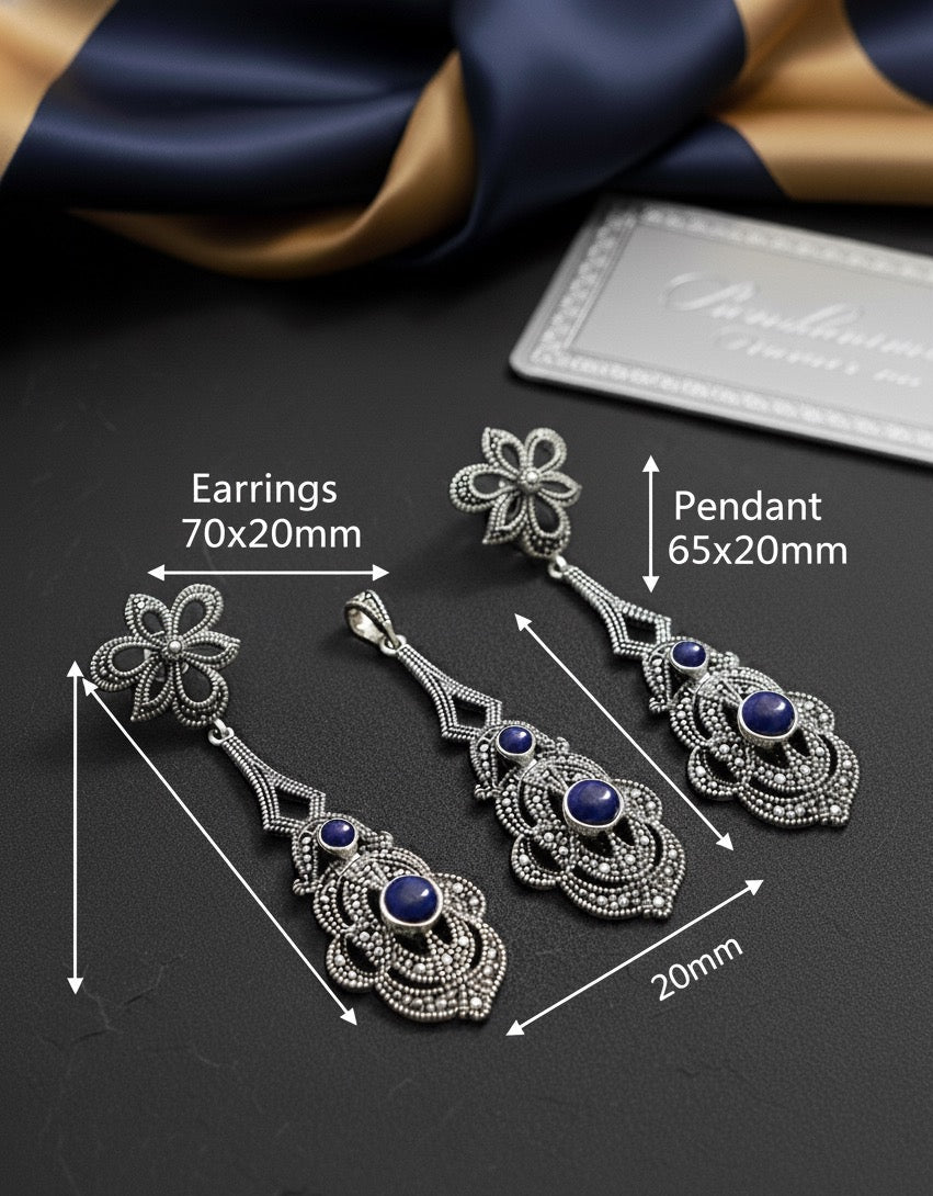 Majestic Lapis 925 Silver Marcasite set