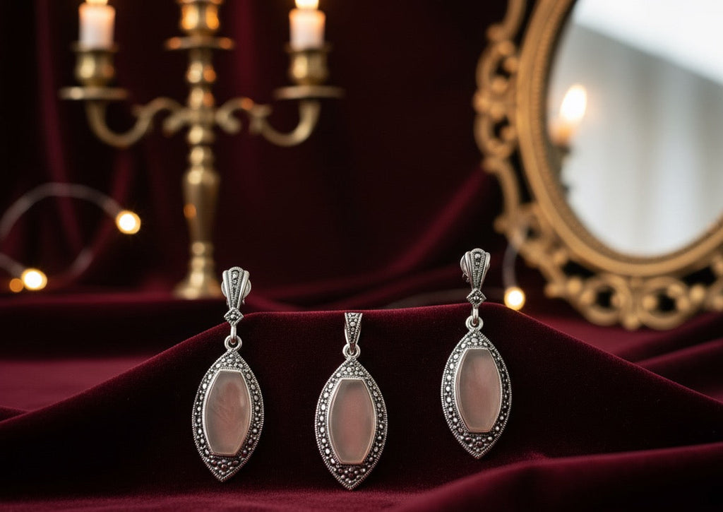 Chalcedony Rose Pink 925 Silver Marcasite set