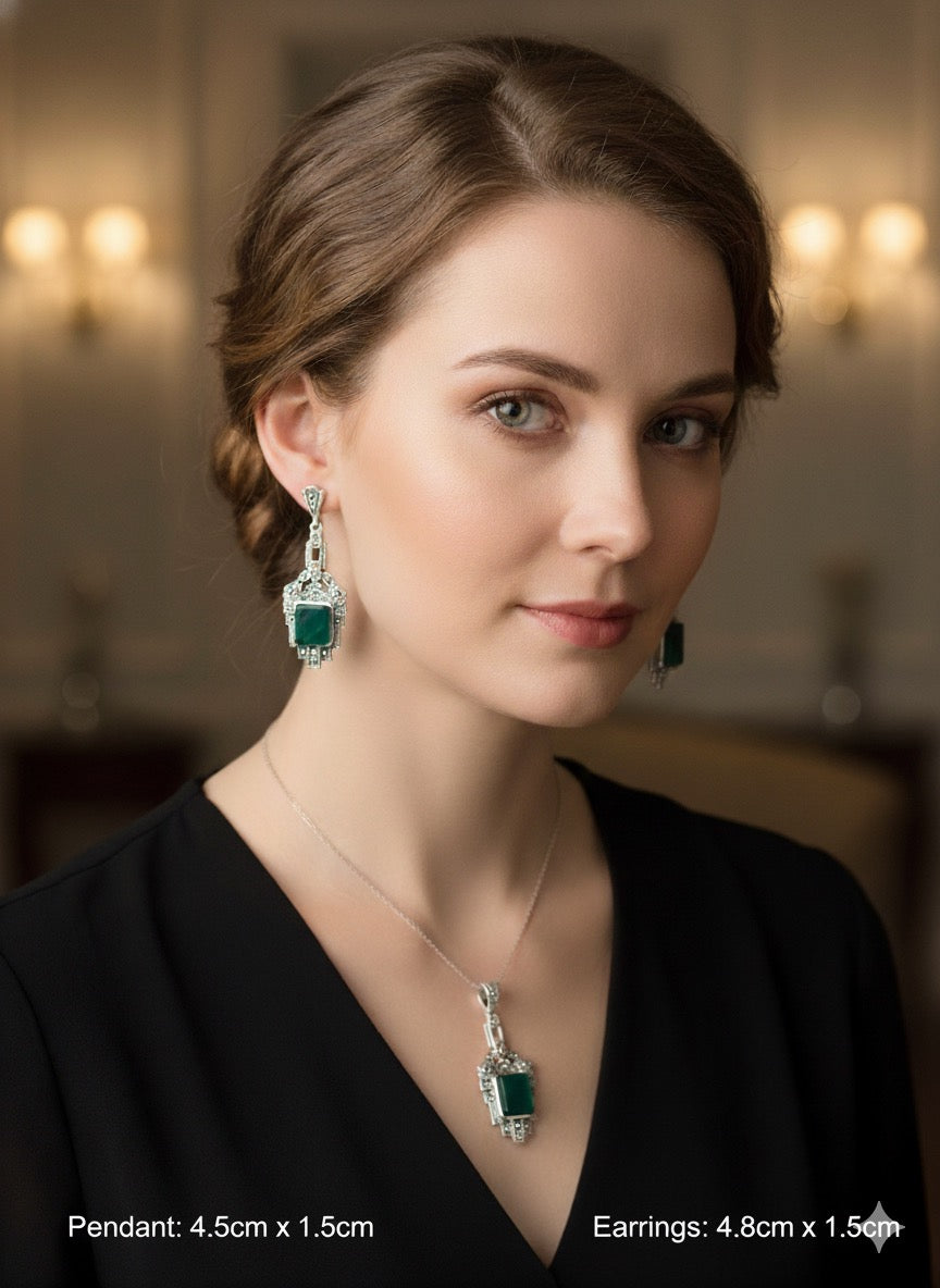 Emerald Deco – Green Agate & Marcasite Set in 925 Silver