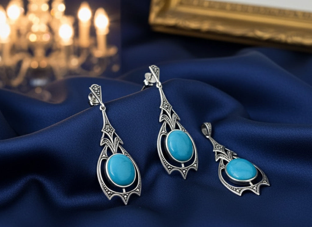 Turquoise 925 Silver Marcasite 2 Piece set