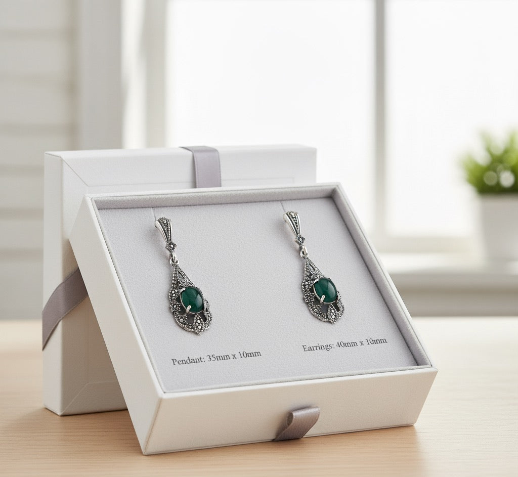 Green Agate 925 Silver Marcasite 2 piece set