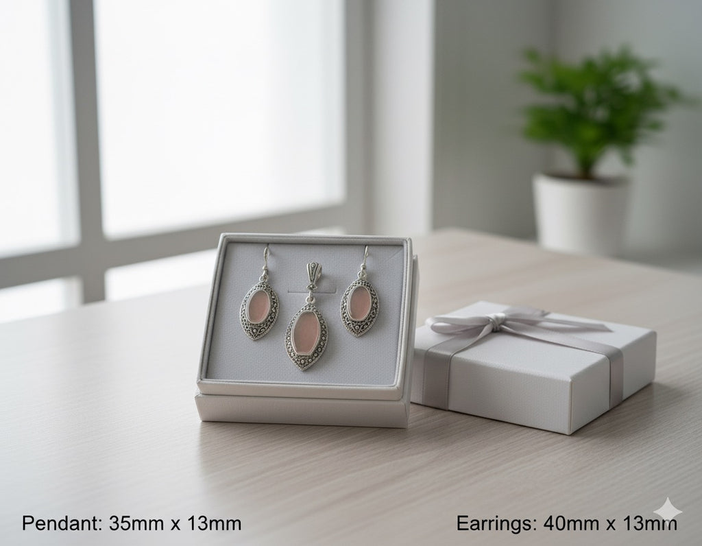 Chalcedony Rose Pink 925 Silver Marcasite set