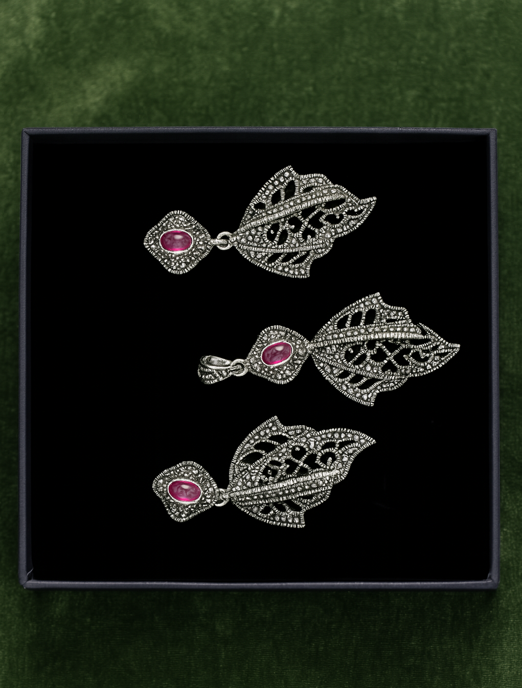 Ruby 925 Silver Marcasite set