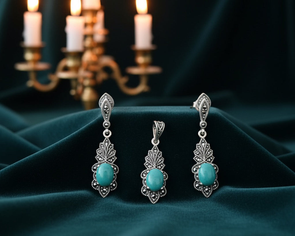 Natural Turquoise Blue 925 Silver Marcasite set