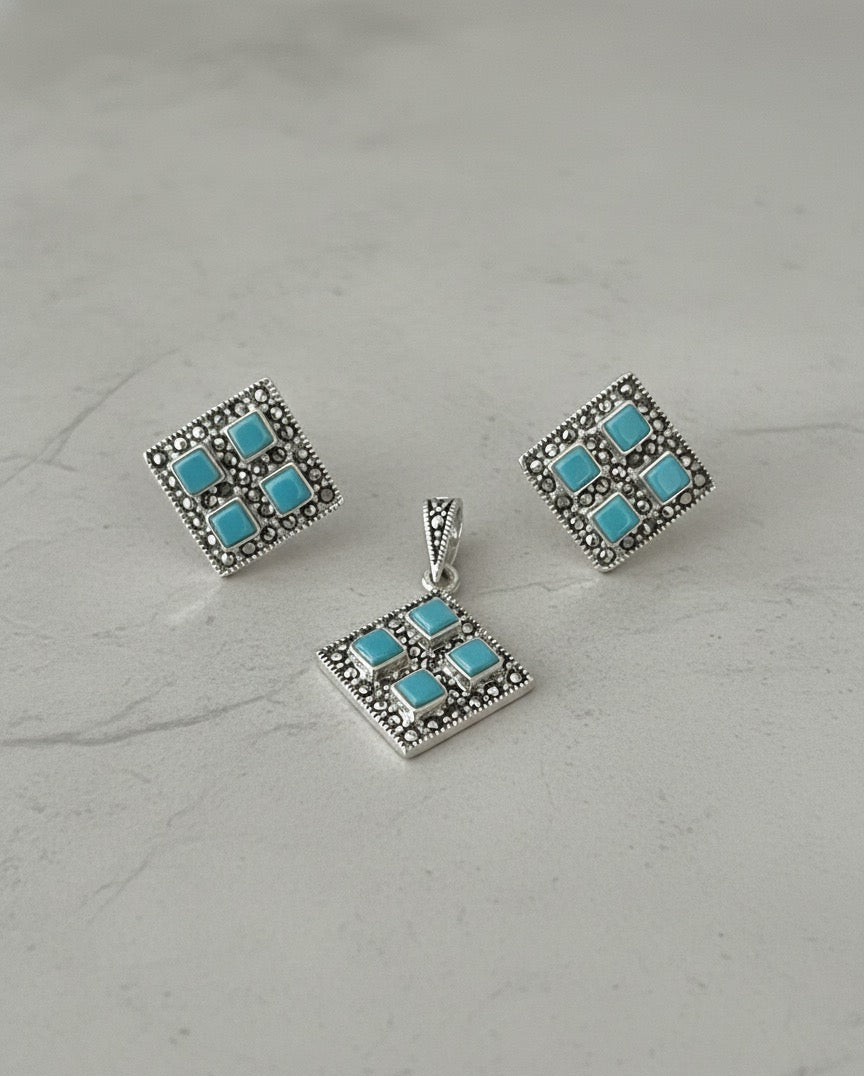 Turquoise 925 Silver Marcasite set
