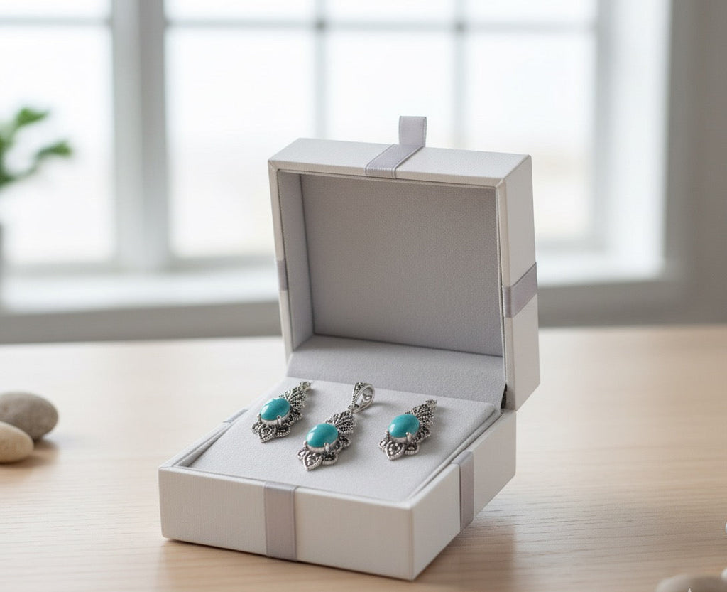 Natural Turquoise Blue 925 Silver Marcasite set