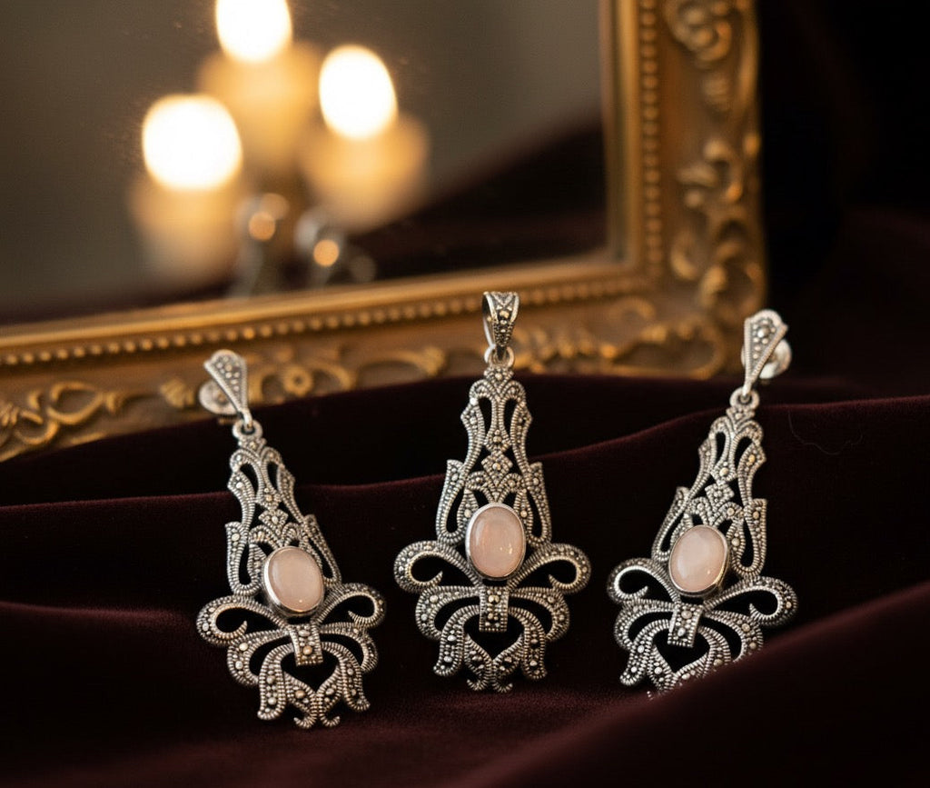 Pink Mother of Pearl 925 Silver Marcasite set