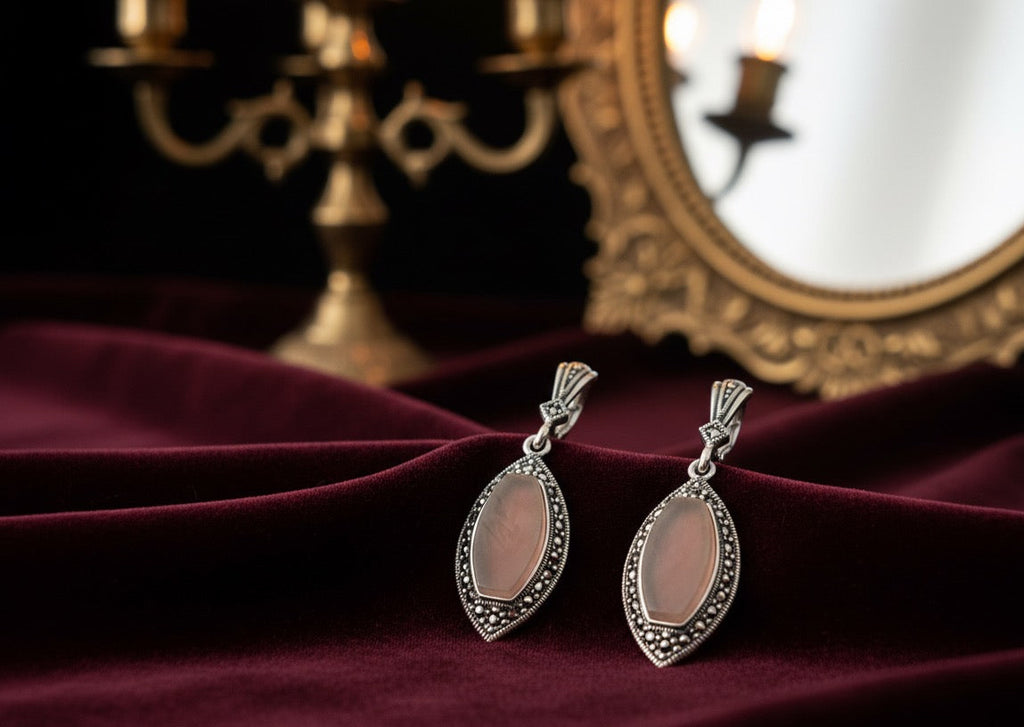 Chalcedony Rose Pink 925 Silver Marcasite set