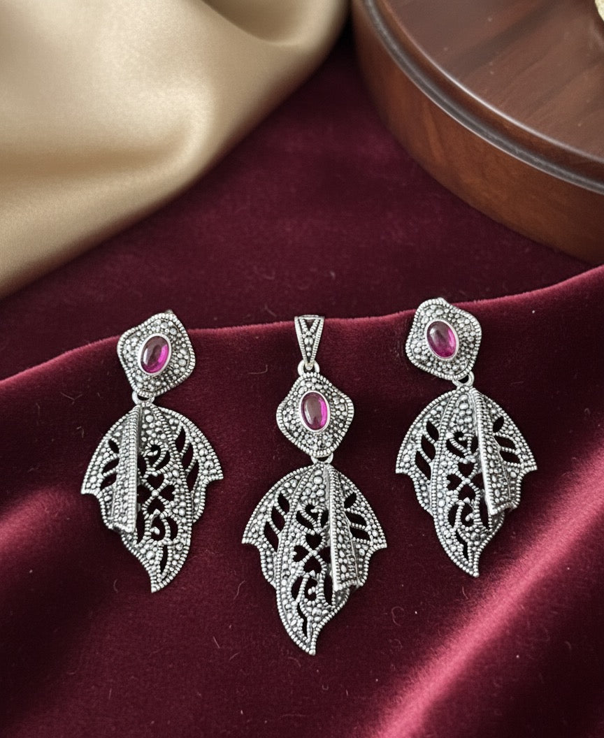 Ruby 925 Silver Marcasite set