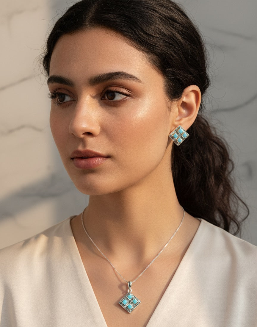 Turquoise 925 Silver Marcasite set