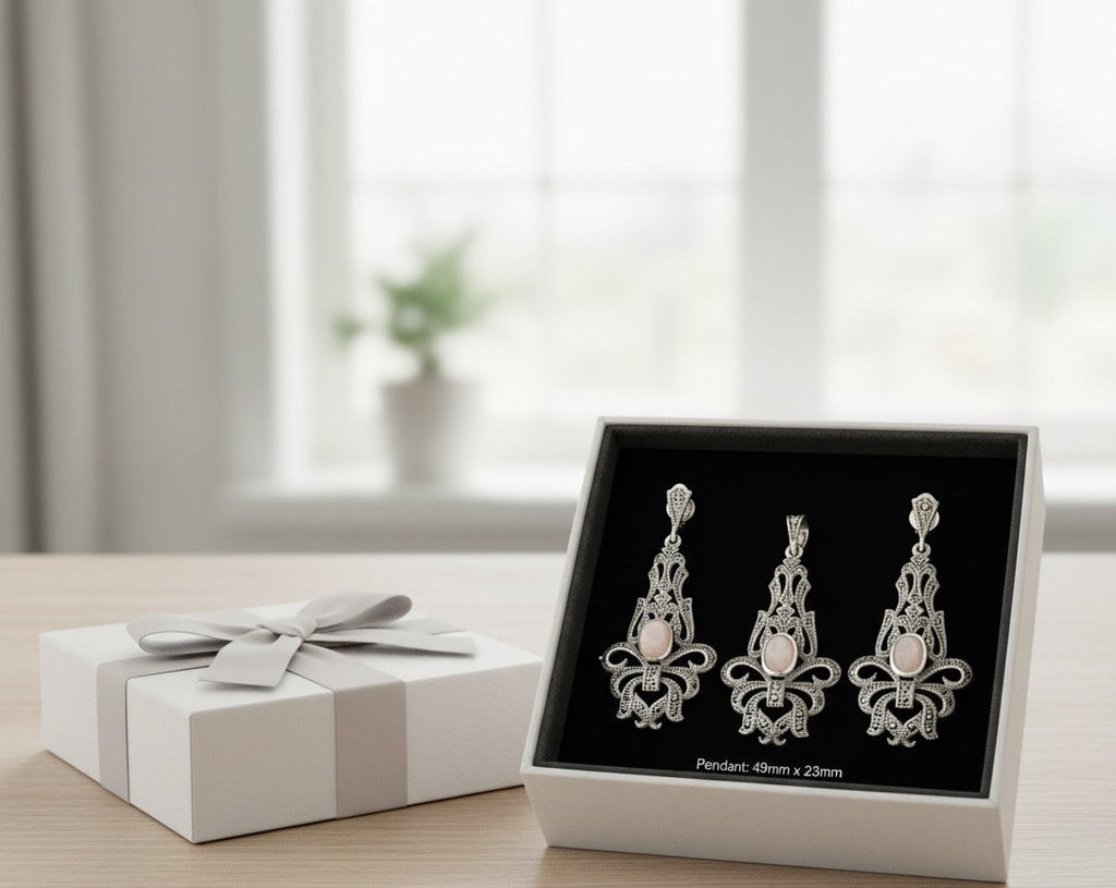 Pink Mother of Pearl 925 Silver Marcasite set