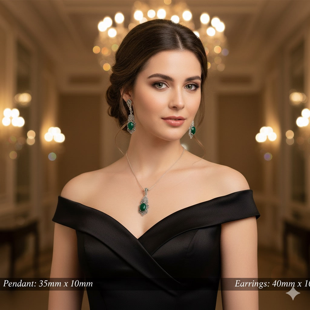 Green Agate 925 Silver Marcasite 2 piece set