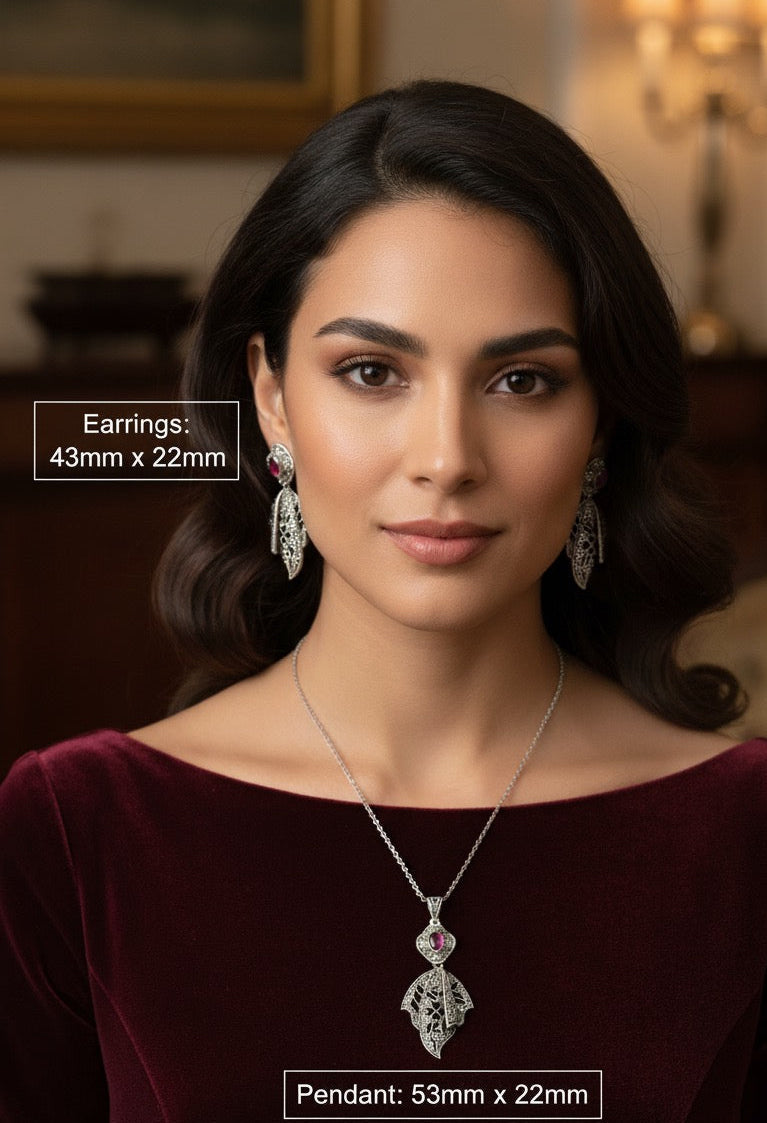 Ruby 925 Silver Marcasite set