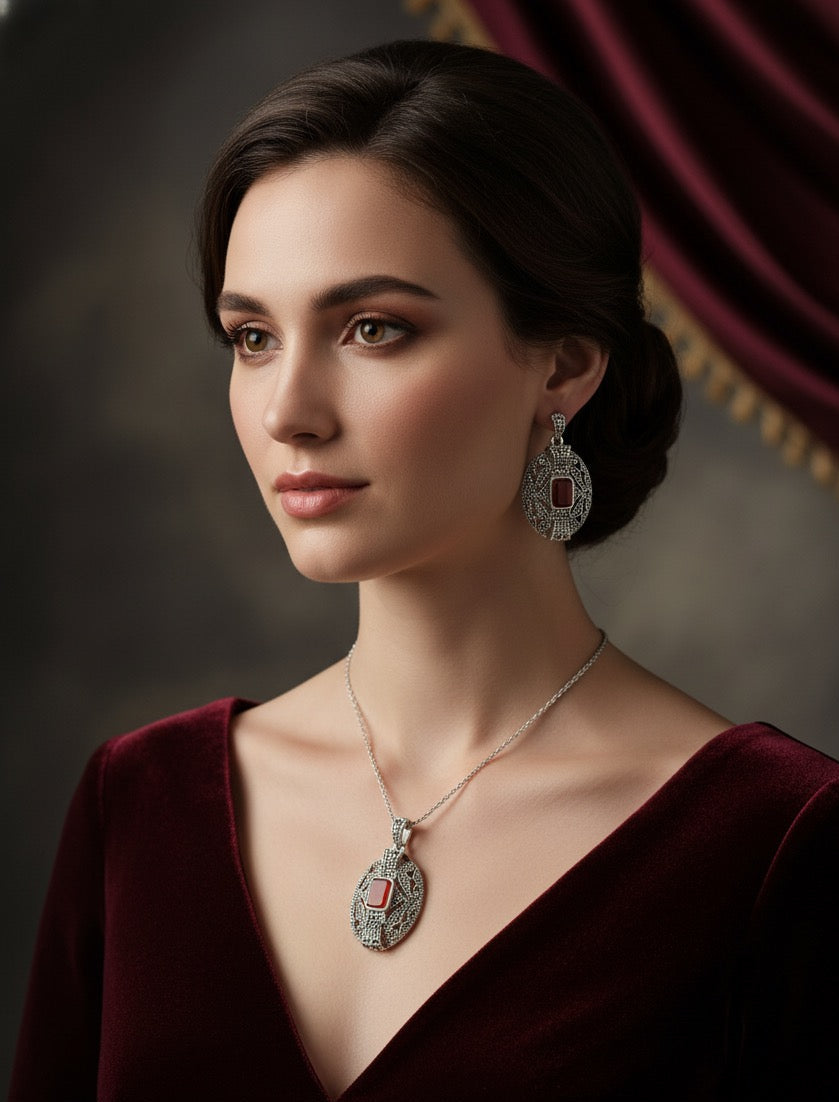 Crimson Elegance – Red Agate & Marcasite Set in 925 Silver