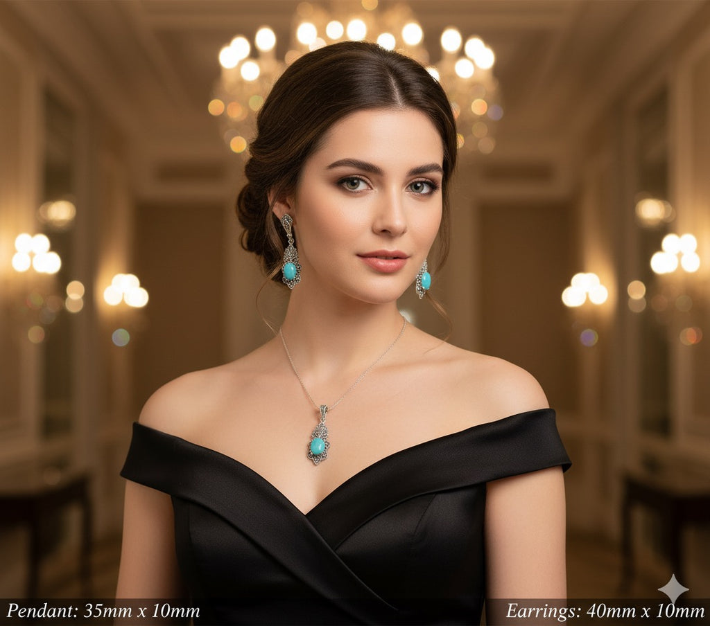 Natural Turquoise Blue 925 Silver Marcasite set