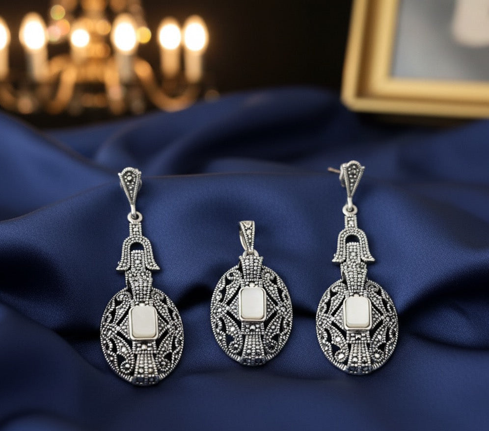 Mother of Pearl 925 Silver Marcasite 2 piece set