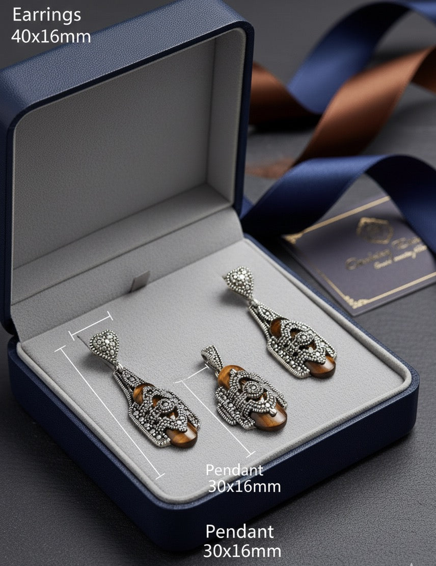 Vintage Yellow stone Glow – 925 Silver Marcasite Set