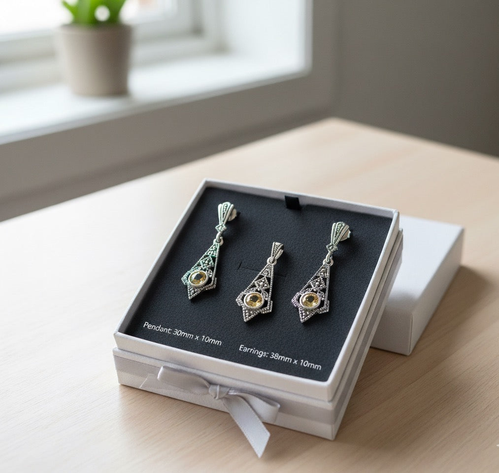 Citrine 925 Silver Marcasite set