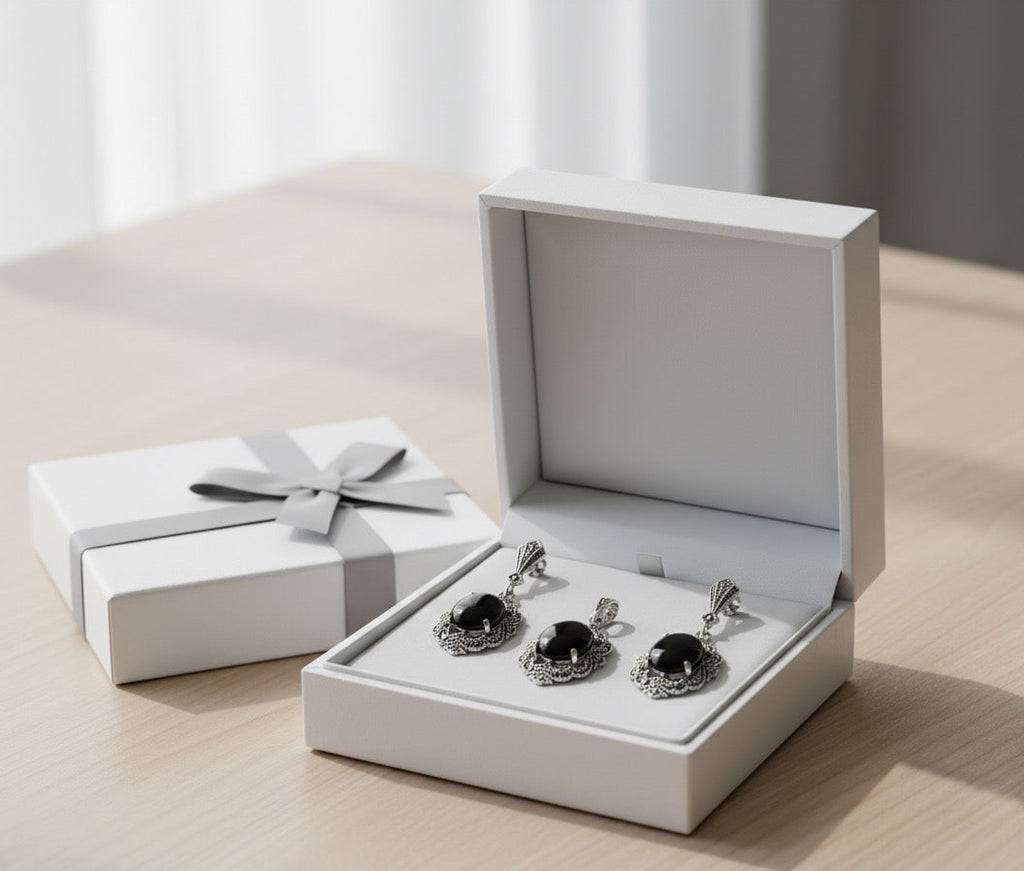 Onyx 925 Silver Marcasite 2 piece set