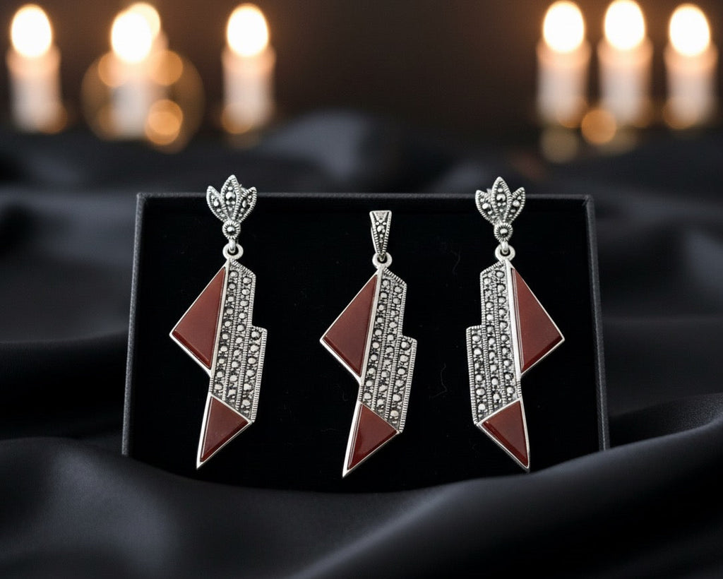 Red Agate 925 silver Marcasite Jewellery