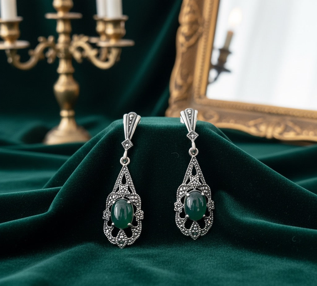 Green Agate 925 Silver Marcasite 2 piece set