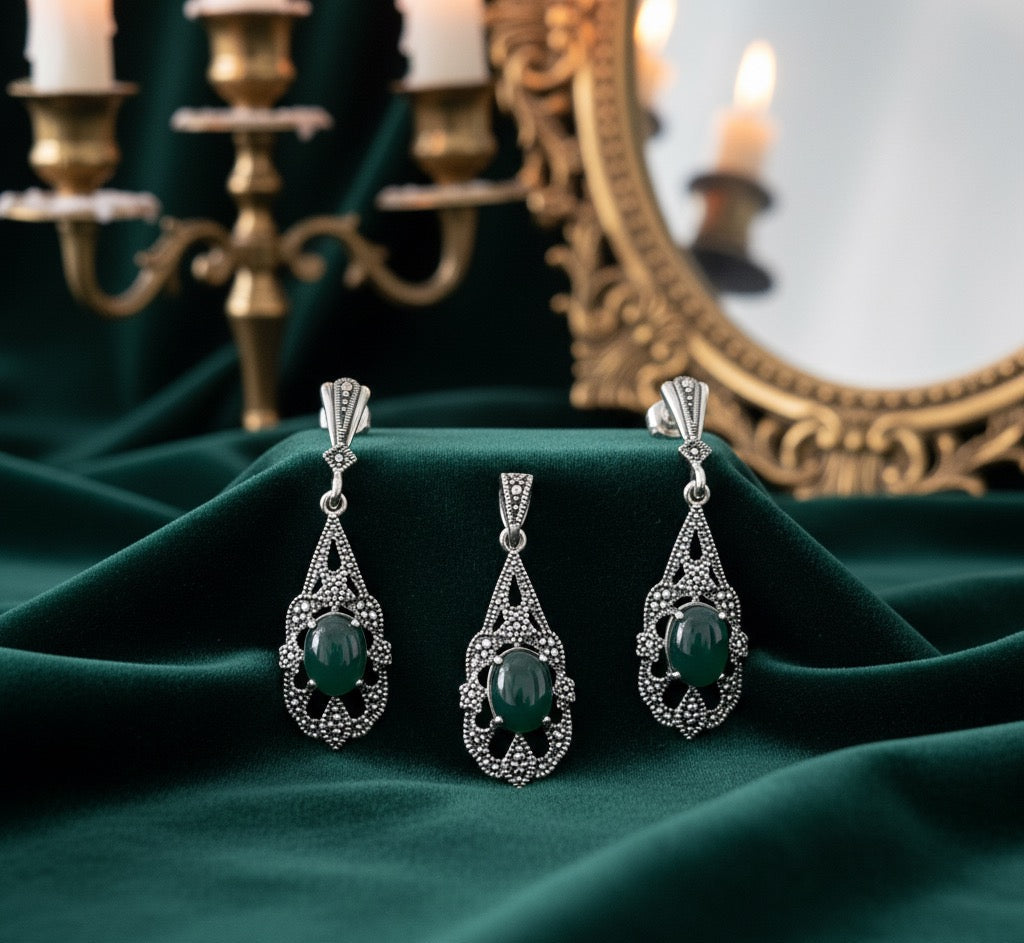 Green Agate 925 Silver Marcasite 2 piece set