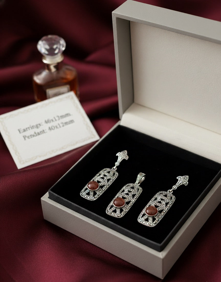 Red Agate 925 Silver Marcasite set