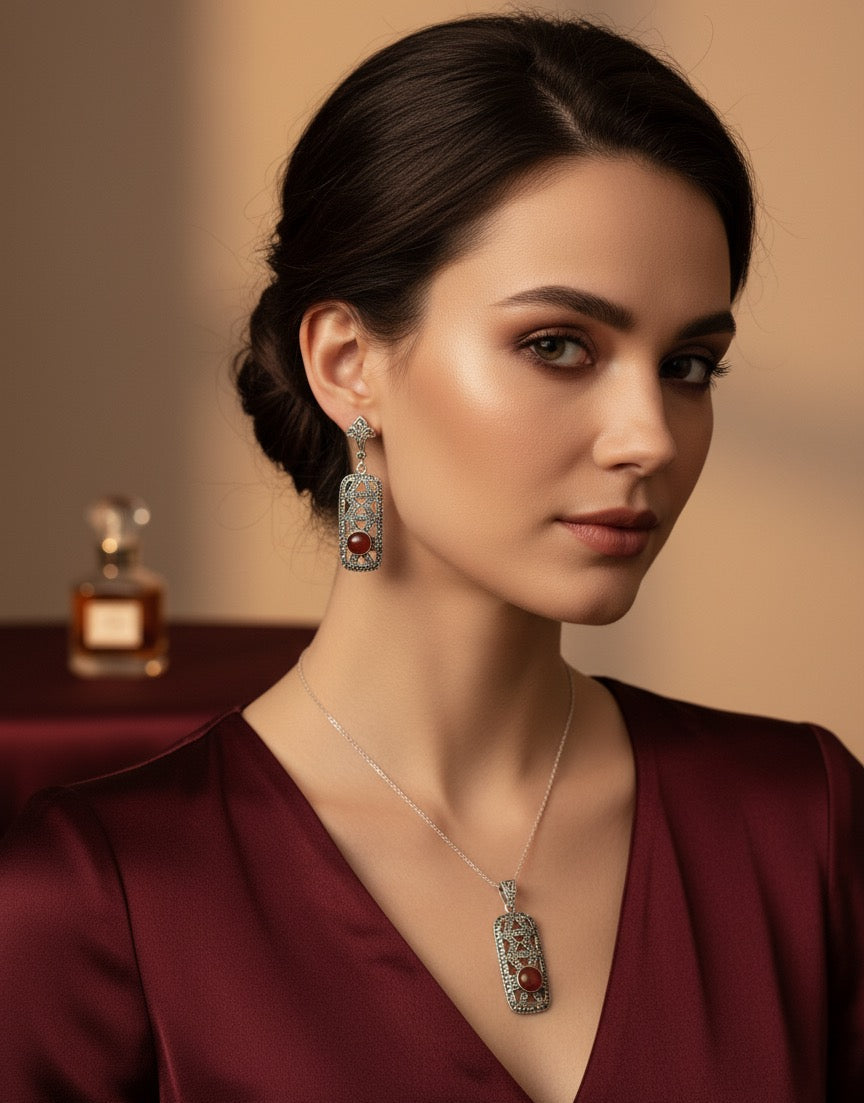 Red Agate 925 Silver Marcasite set