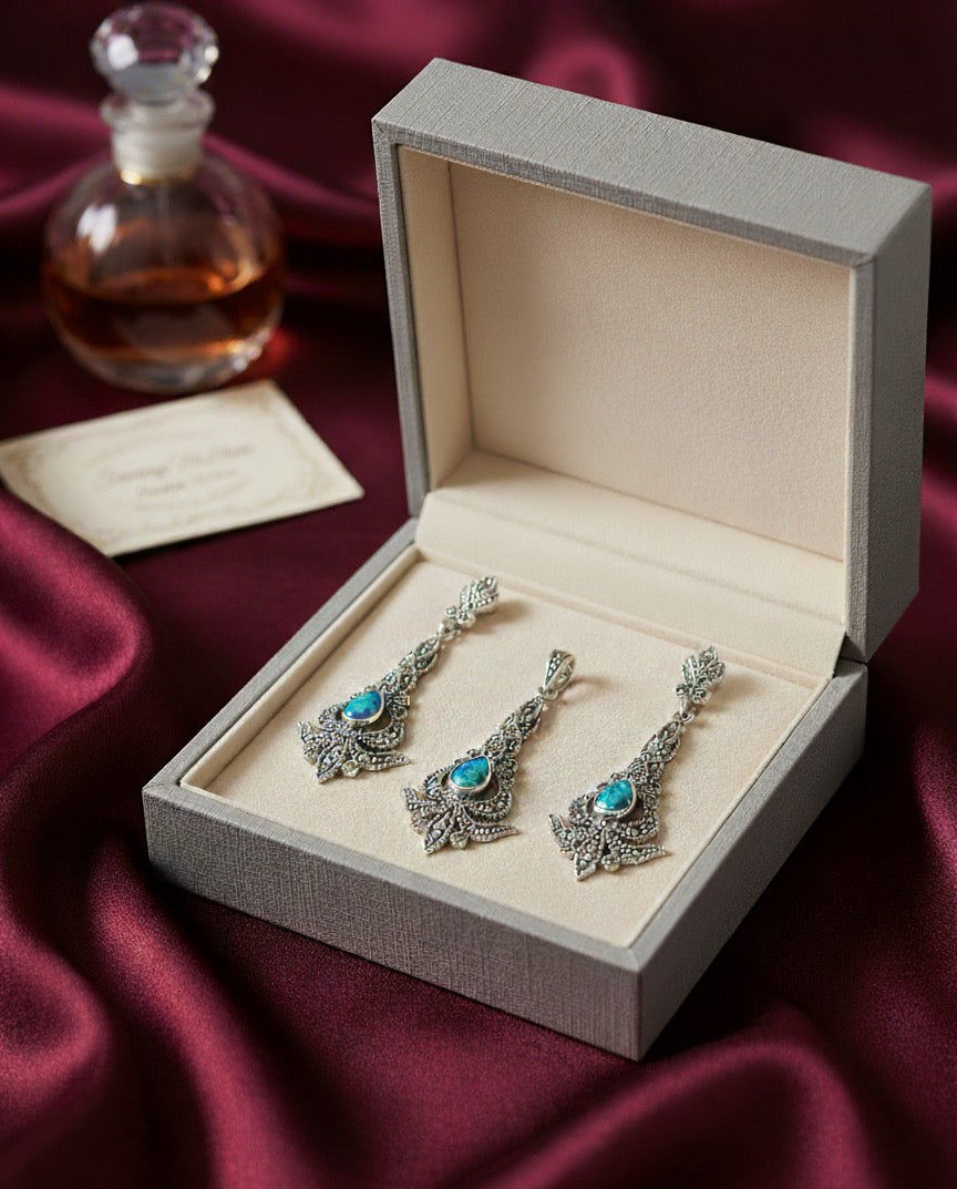 Opal blue 925 silver Marcasite set