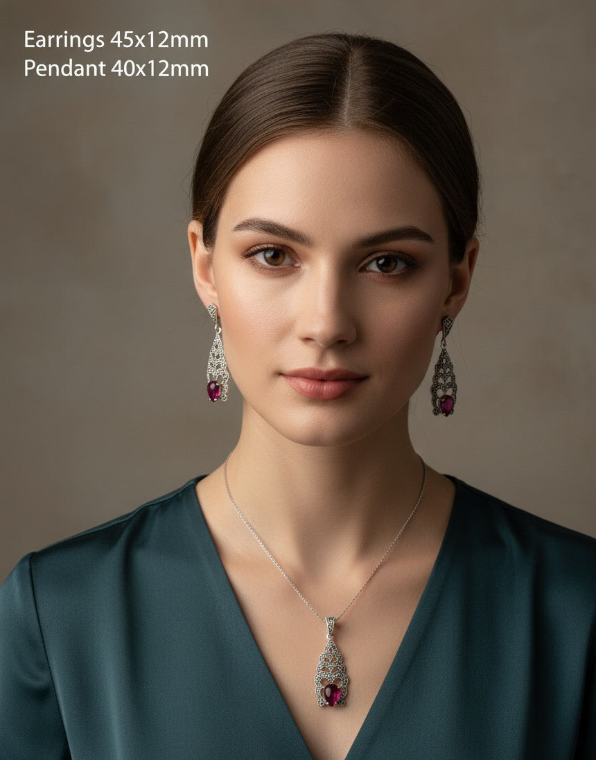 Ruby 925 Silver Marcasite set